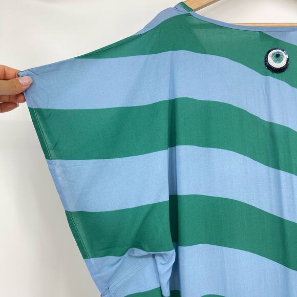 Haremlique a la Mer | Oblique Blue Green Evil Eye Striped Kaftan Maxi Coverup M - Picture 10 of 14